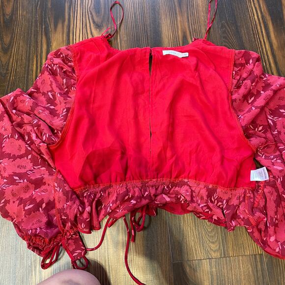 LUSH Cropped Long Sleeve Tie Front Open Back Red Floral Lined Top Size XL - Picture 7 of 15